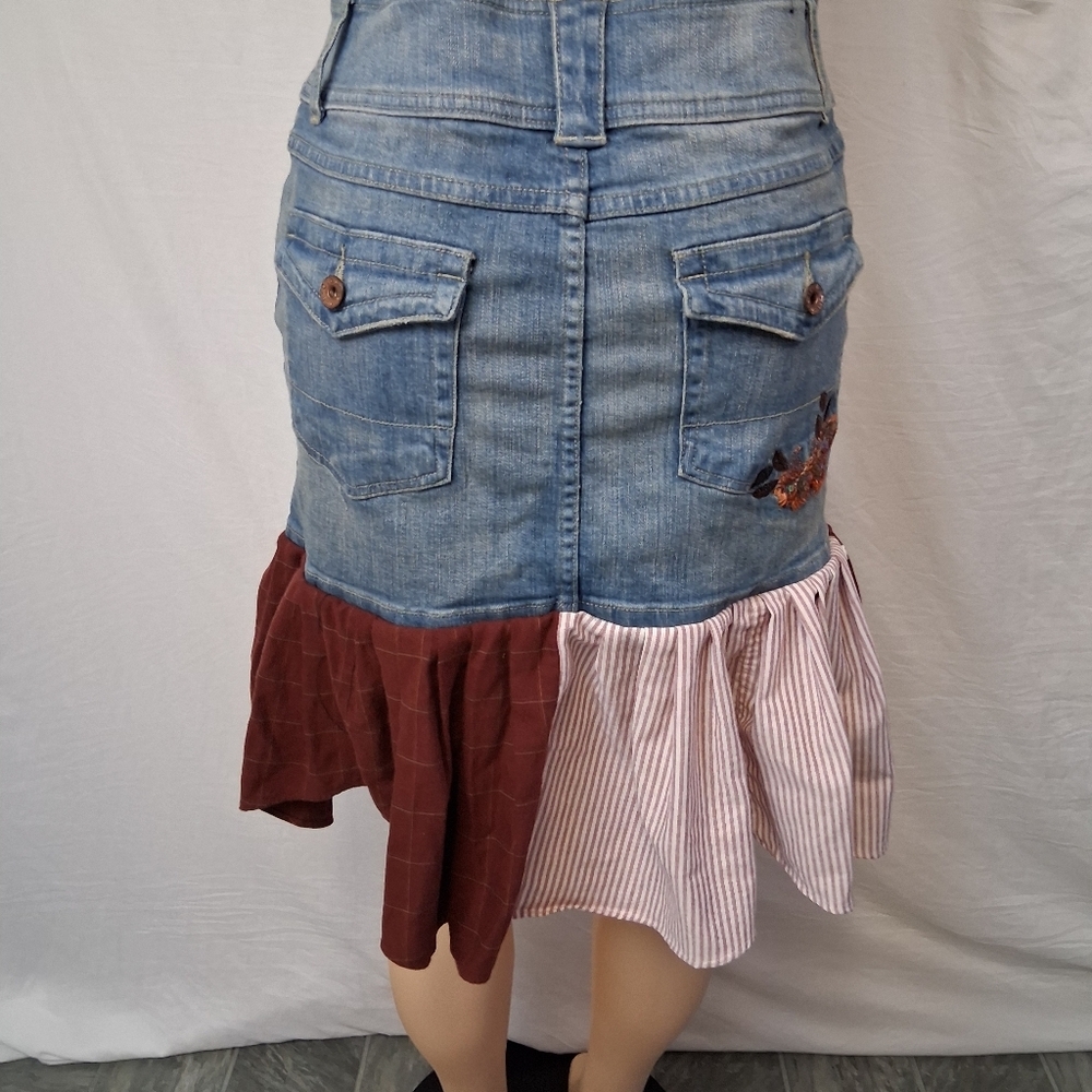 Clash Jeans Ash Patchwork Denim Mini Skirt in Blue, Brown and Cream Size L - Picture 13 of 16